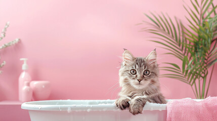 Cute cat taking a bath in a tub, isolated background.