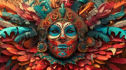 Vibrant masks and costumes in digital collage background
