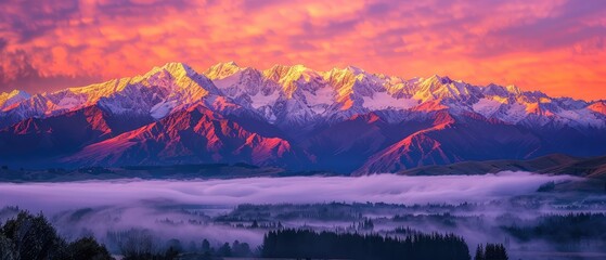 A dramatic view of mountains illuminated by the rising sun, casting pink and purple shadows.