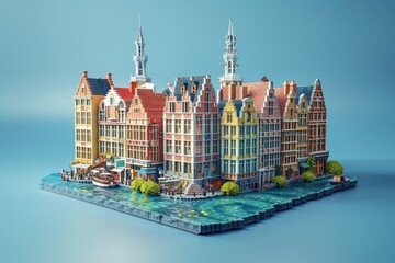 Fototapeta premium Isometric 3D Brussels render highlights city's charm, landmarks, and vibe, set against solid denim backdrop