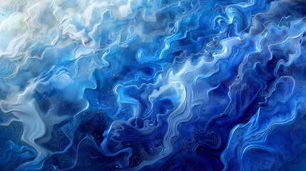 Cobalt blue and frothy white swirl in a surreal depiction of abstract ocean waves,