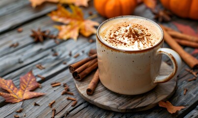 a pumpkin spice latte on a wooden table decorated with cinnamon sticks and fall leaves, Generative AI