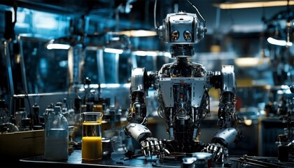 A humanoid robot with a retro design stands among intricate industrial machinery in a dimly lit workshop. AI Generation