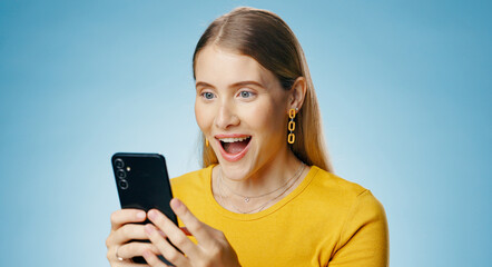 Happy, woman and good news with social media, winning and online deal in studio. Digital, email and...