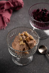 Chocolate and cherry cheesecake ice cream in glass creamers