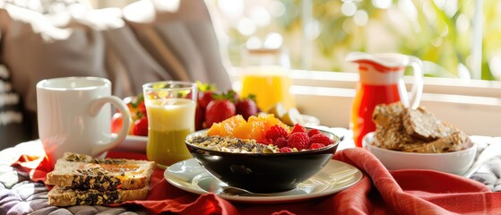 A vibrant breakfast spread featuring a bowl of fresh fruit slices including kiwi, banana, and orange, topped with nuts and seeds.