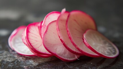Thinly sliced fresh radish displayed on wooden cutting board with chef's knife in natural light setting