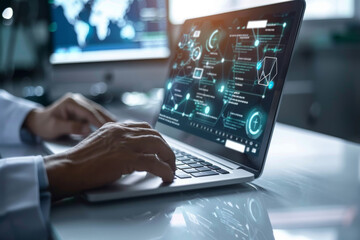 Cybersecurity Professional Analyzing Data on Laptop with Futuristic Interface