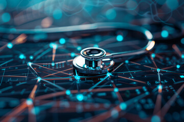 Futuristic Stethoscope on Digital Network Background for Healthcare Technology Concept