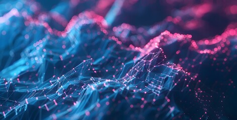 Abstract Blue and Pink Glowing Wireframe Mesh Technology Background