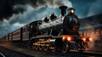 Naklejka premium A Steam Train Chugging Through a Snow Covered Forest