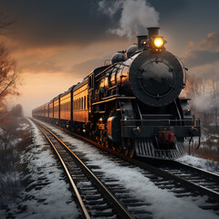 Naklejka premium A Steam Train Chugging Through a Snow Covered Forest
