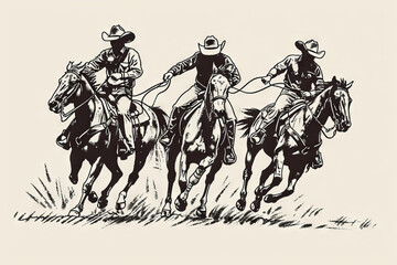 Energetic Cowboy Rodeo Scene with Galloping Horses and Lasso Techniques