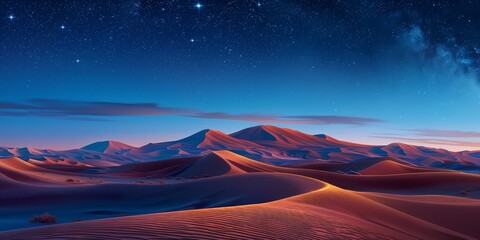 Dawn Landscape, with Desert Sand Dunes. Empty Contemporary Wallpaper with Blue Gradient Starry