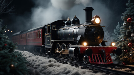 Fototapeta premium A Steam Train Chugging Through a Snow Covered Forest