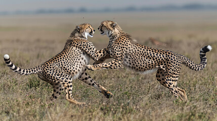 Obraz premium Two cheetahs are fighting over each other's territory. fight bravely in the wild