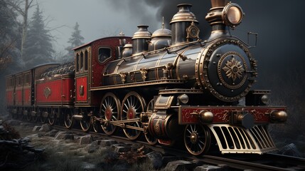 Fototapeta premium A Steam Train Chugging Through a Snow Covered Forest