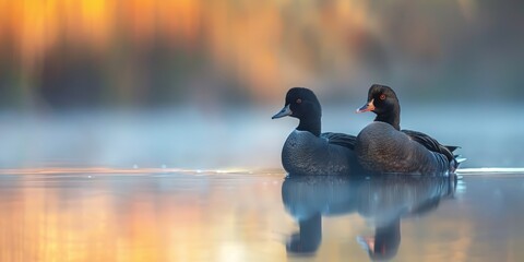 Pair of common moorhens on lake in blurred background