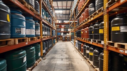 Industrial warehouse with neatly arranged shelves of waste treatment chemicals, highlighting tagging and inventory management system