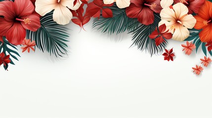Elegant tropical floral border with red and white hibiscus flowers and green leaves on a white background, perfect for invitations and decorations.