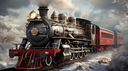 Naklejka premium A Steam Train Chugging Through a Snow Covered Forest