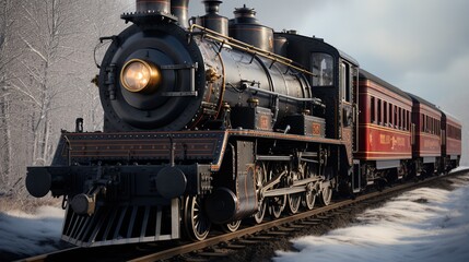 Naklejka premium A Steam Train Chugging Through a Snow Covered Forest