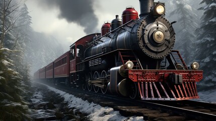 Naklejka premium A Steam Train Chugging Through a Snow Covered Forest