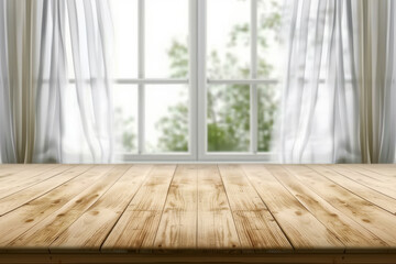 Serene Wooden Table Overlooking Bright Window with Flowing Curtains