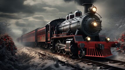 Fototapeta premium A Steam Train Chugging Through a Snow Covered Forest