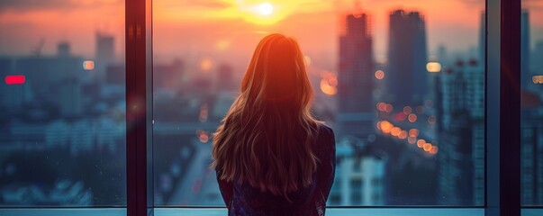 Woman contemplating cityscape through a window at sunset