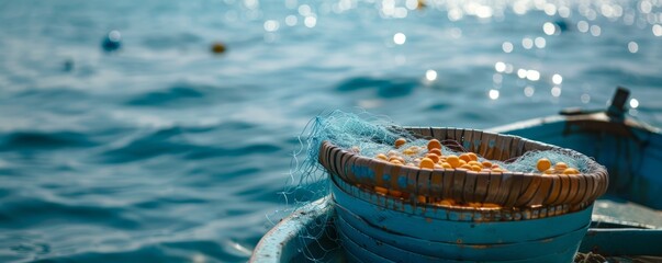 fish nets in baskets on boat in mediterranean