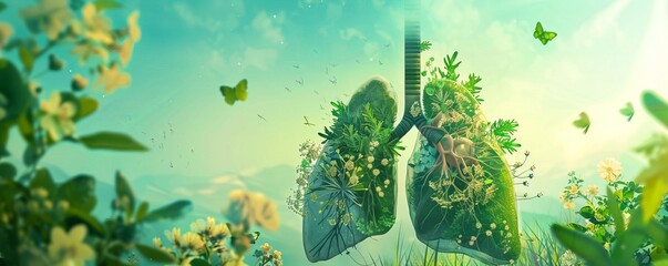 Illustration lungs with beautiful nature on it, green earth design, World health or environment day concept.