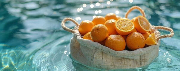 Ripe oranges in a white eco-cotton string bag near pool