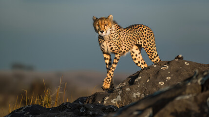 The cheetah's agile paws tread on the rough surface of the rocks.