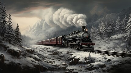 Obraz premium A Steam Train Chugging Through a Snow Covered Forest