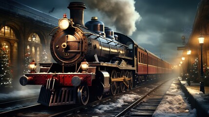 Naklejka premium A Steam Train Chugging Through a Snow Covered Forest