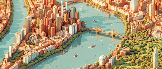 Obraz premium Sure, here is the revised sentence, A charming isometric 3D render of Frankfurt showcases its iconic landmarks and unique atmosphere, set in the center against a solid chocolate background