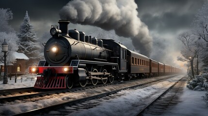 Obraz premium A Steam Train Chugging Through a Snow Covered Forest