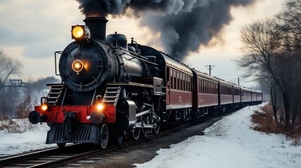 Naklejka premium A Steam Train Chugging Through a Snow Covered Forest