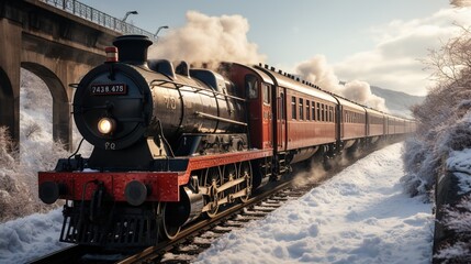 Fototapeta premium A Steam Train Chugging Through a Snow Covered Forest