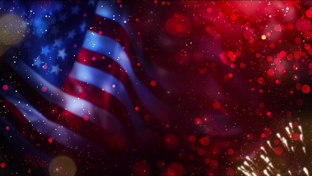 Happy 4th of July Independence Day. American flag over celebration fireworks. 4th of july celebration background with flag and fireworks. Concept of Fourth of July with Copy space area for text. 4K