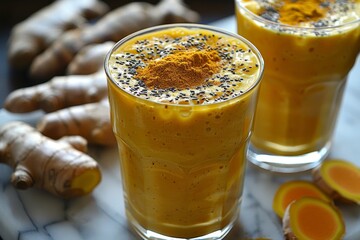 Ginger Turmeric Smoothie - Yellow with a sprinkle of turmeric and ginger slices. 