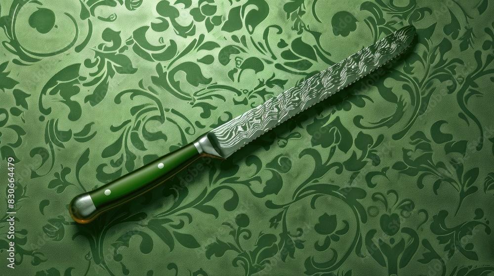 Poster symbol of a green bread knife on a green background with a pattern icon and representation of a uten