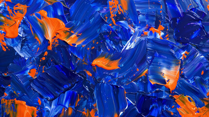 Intense abstract painting with smears of cobalt blue and bright orange acrylic,