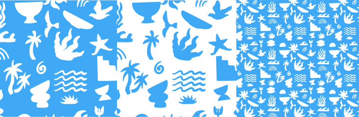 Naklejka premium Set of boho groovy blue and white patterns. Vector illustration background in trendy retro naive simple style. 