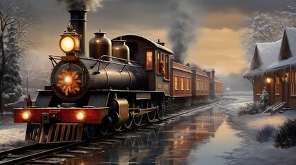 Obraz premium A Steam Train Chugging Through a Snow Covered Forest