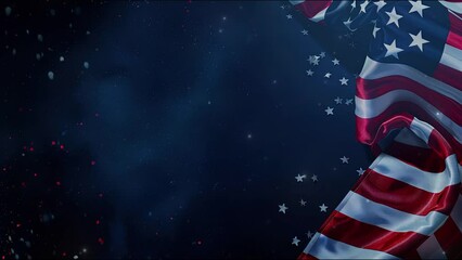 Happy 4th of July Independence Day. American flag over celebration fireworks. 4th of july celebration background with flag and fireworks. Concept of Fourth of July with Copy space area for text. 4K