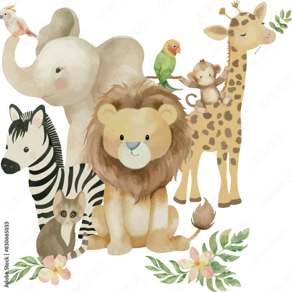 Wall mural Vector Watercolor jungle animals. Illustration, template, design elements for greeting cards, invitation, gender party, baby shower, birthday, event, holiday, wedding card, printable, EPS. - Wall murals
