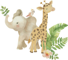 Vector Watercolor jungle elephant and giraffe. Illustration, template, design elements for greeting cards, invitation, gender party, baby shower, birthday, event, holiday, wedding card, printable, EPS