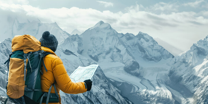 An adventurer clad in a yellow jacket reviews a map while overlooking a breathtaking range of sharp snowy peaks.